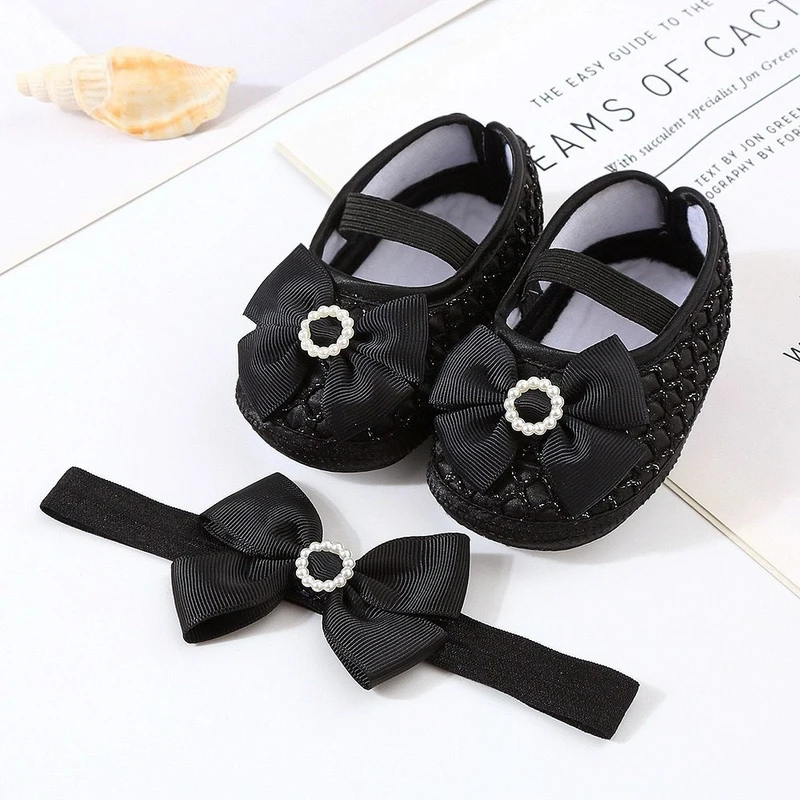 ০-১২ মাস মেয়ে বাবুর জন্য Round Stone Shoes With Hairband Black
