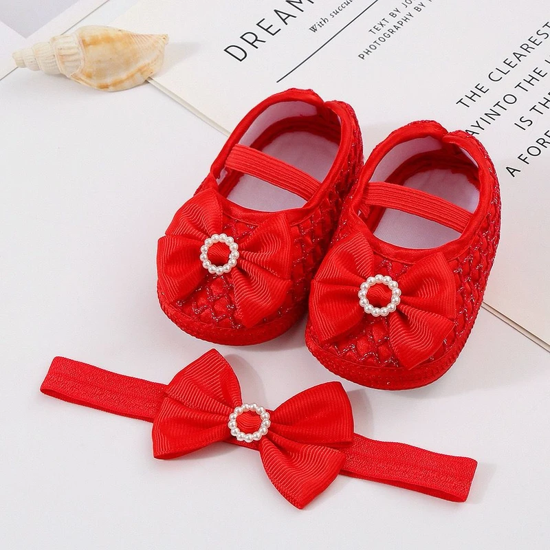 ০-১২ মাস মেয়ে বাবুর জন্য Round Stone Shoes With Hairband Red