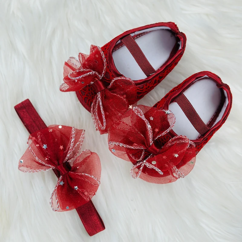 ০-১২ মাস মেয়ে বাবুর জন্য Bow Butterfly Shoes With Hairband Maroon