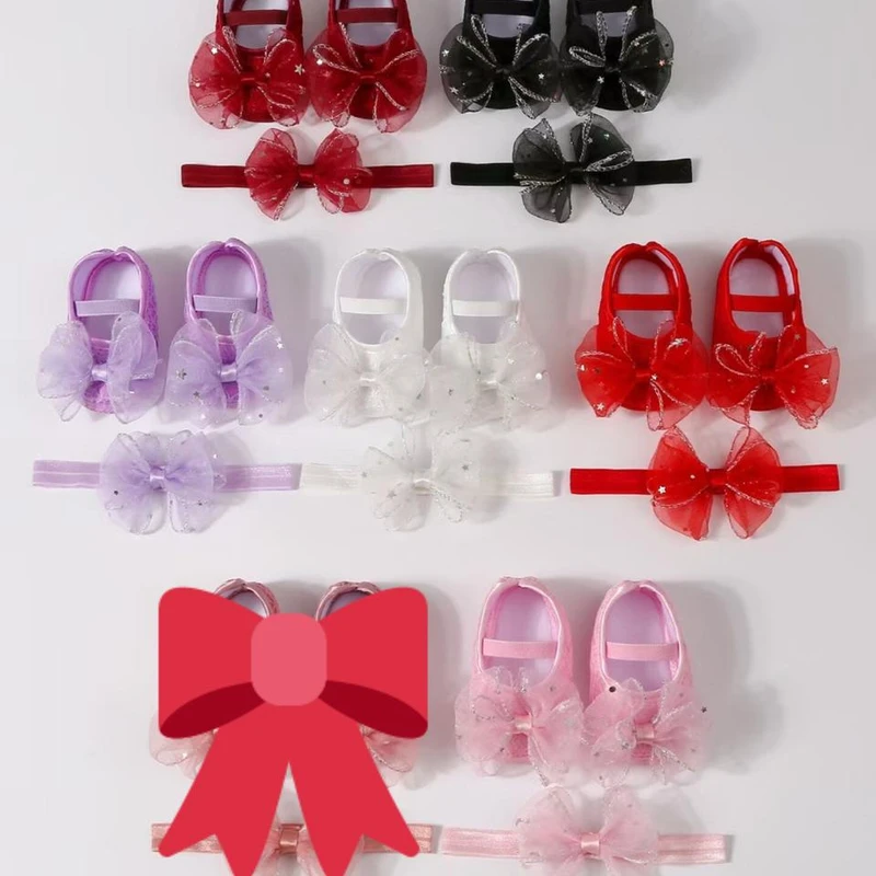০-১২ মাস মেয়ে বাবুর জন্য Bow Butterfly Shoes With Hairband Maroon