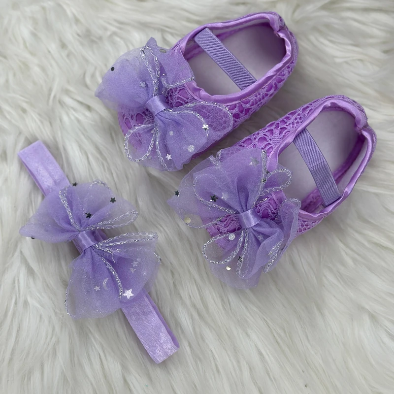 ০-১২ মাস মেয়ে বাবুর জন্য Bow Butterfly Shoes With Hairband Purple