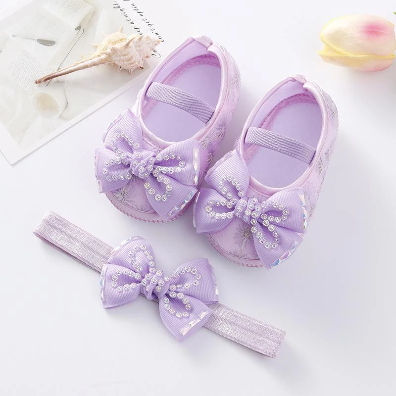 ০-১২ মাস মেয়ে বাবুর জন্য Tie Stone Newborn Shoes With Hairband Purple