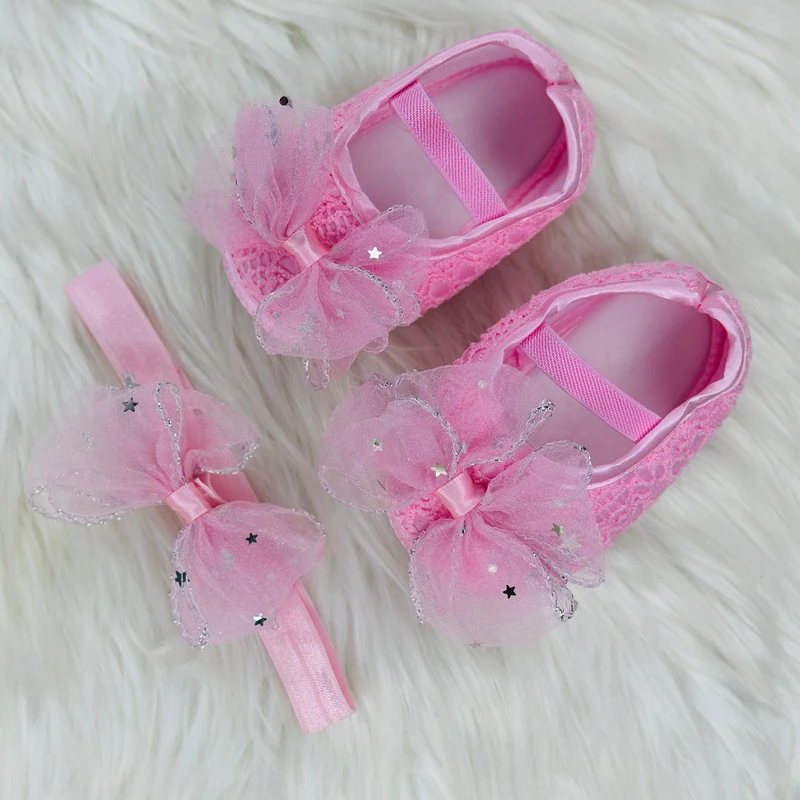 ০-১২ মাস মেয়ে বাবুর জন্য Bow Butterfly Shoes With Hairband Pink