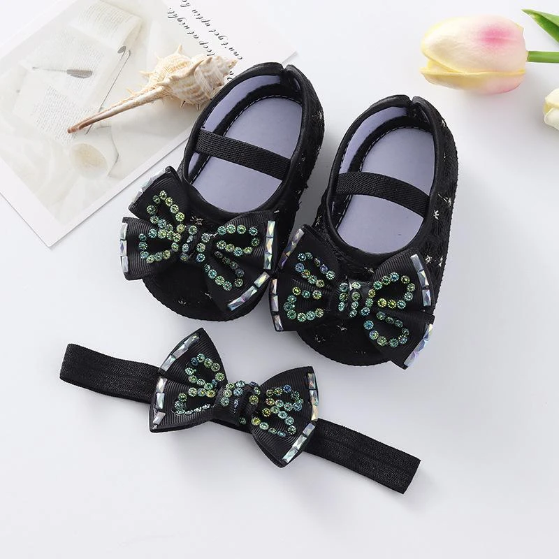 ০-১২ মাস মেয়ে বাবুর জন্য Tie Stone Newborn Shoes With Hairband Black