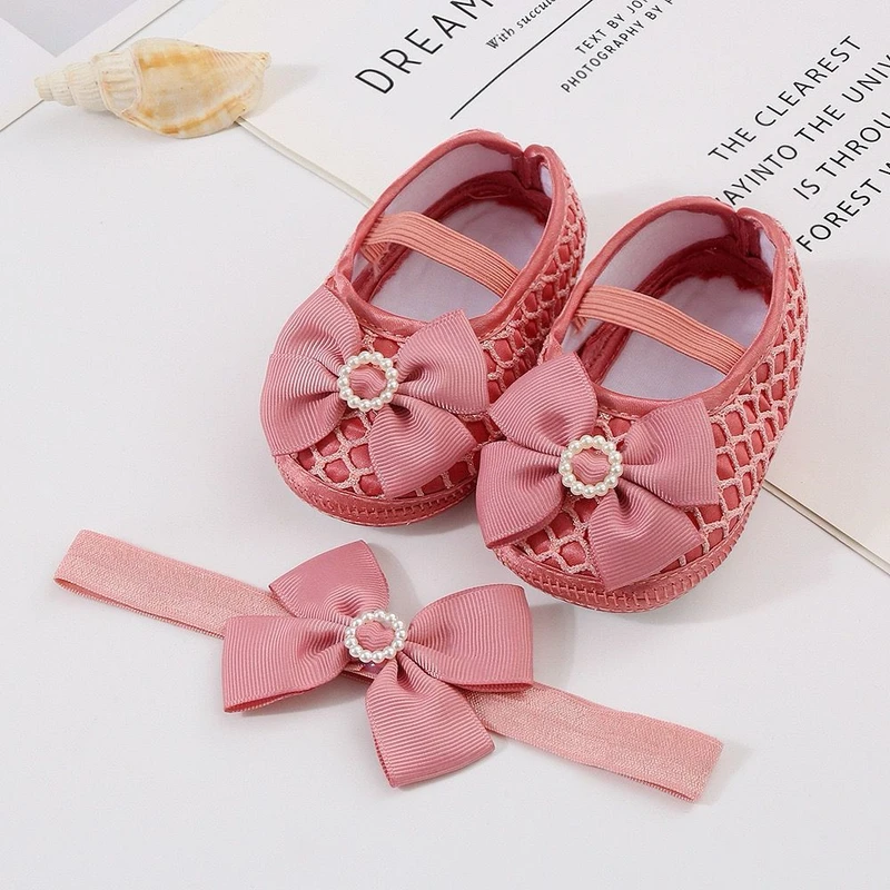 ০-১২ মাস মেয়ে বাবুর জন্য Round Stone Shoes With Hairband Nude