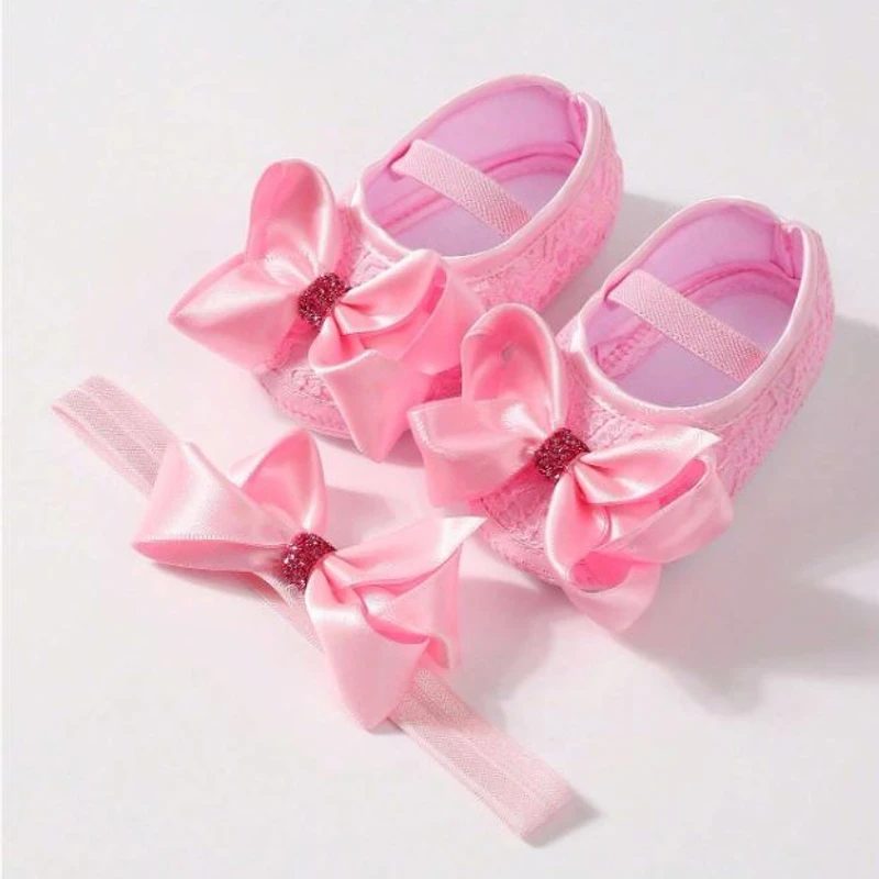 ০-১২ মাস মেয়ে বাবুর জন্য Princess Bow Design Baby Shoes With Hairband Pink