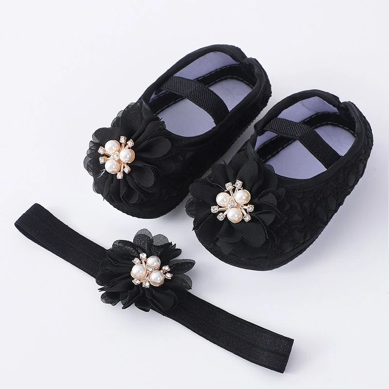 ০-১২ মাস মেয়ে বাবুর জন্য 3 Stone Flower Shoes With Hairband Black