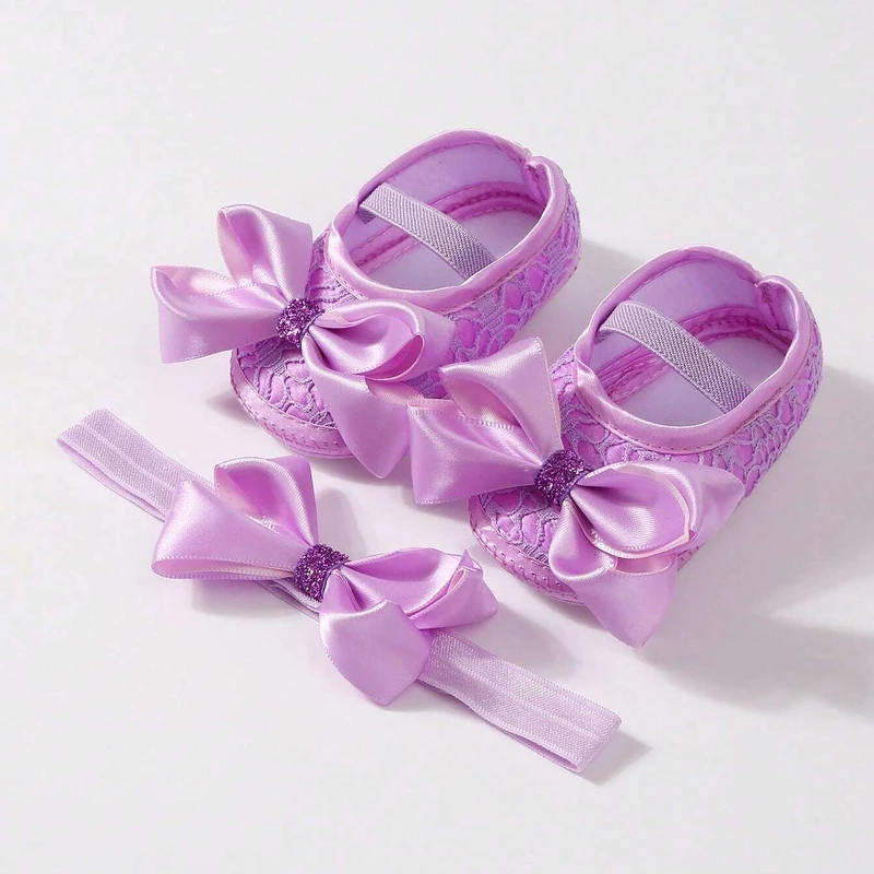 ০-১২ মাস মেয়ে বাবুর জন্য Princess Bow Design Baby Shoes With Hairband Purple