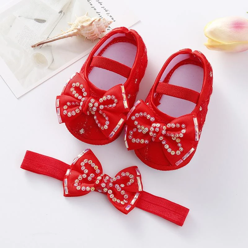 ০-১২ মাস মেয়ে বাবুর জন্য Tie Stone Newborn Shoes With Hairband Red
