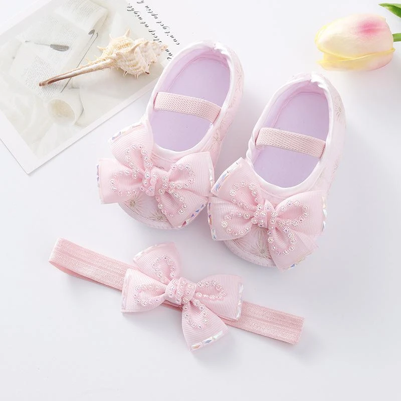 ০-১২ মাস মেয়ে বাবুর জন্য Tie Stone Newborn Shoes With Hairband Pink