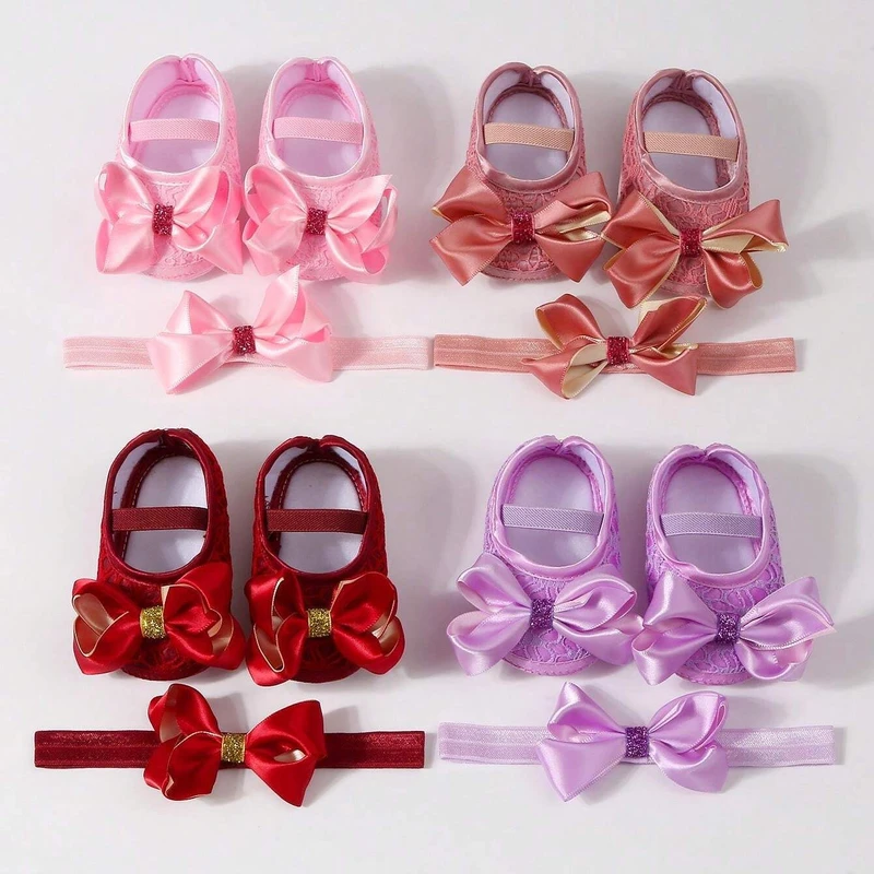 ০-১২ মাস মেয়ে বাবুর জন্য Princess Bow Design Baby Shoes With Hairband Red