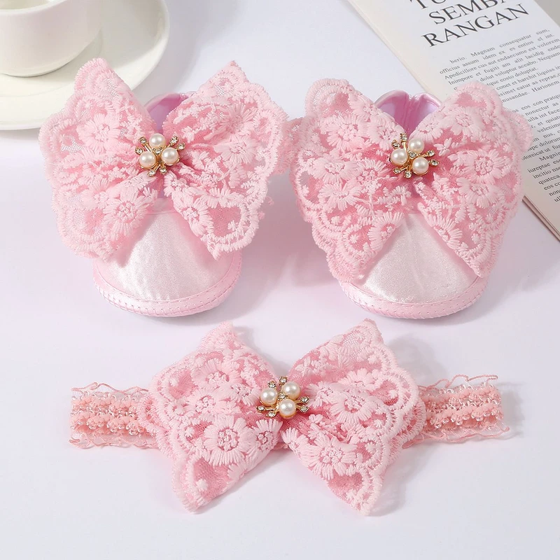 ০-১২ মাস মেয়ে বাবুর জন্য Butterfly Shoes With Hairband Pink