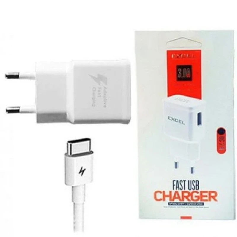 Brand: Excel Type: C Fast charging Support: Android and IOS Rated input voltage: AC 100-240V-50/60Hz 0.5A MAX USB1 SMART OUTPUT: DC5V=3.8A Total Output: 5V=3.8MAX-21W Made in China