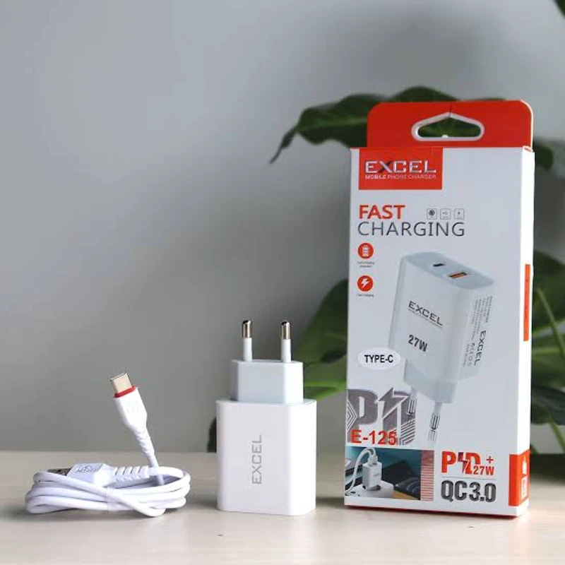 FAST CHARGING E-125 (0 Reviews) Write a review Input: 100-240V 50/60Hz  Output:5.5V 3.0A(27W)Max  Types: C  Warranty: 6 Months  High power PD+QC 3.0 fast charging  Temperature protection  Over Power Protection  Overcharging