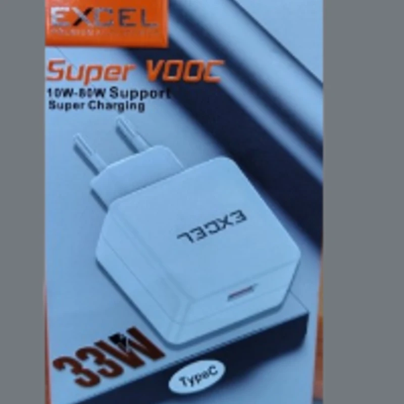 SUPER VOOC CHARGER E-133 (0 Reviews) Write a review EXCEL PREMIUM ACCESSORIES  10W-80W Support Super Charging  Output Power: Super Charging 33W  put: 110-240V  output: 5V3A, 9V/3A, 12V/2.5A  Types C charger/TC/LT/6500  Temperature protection  Over Power Protection
