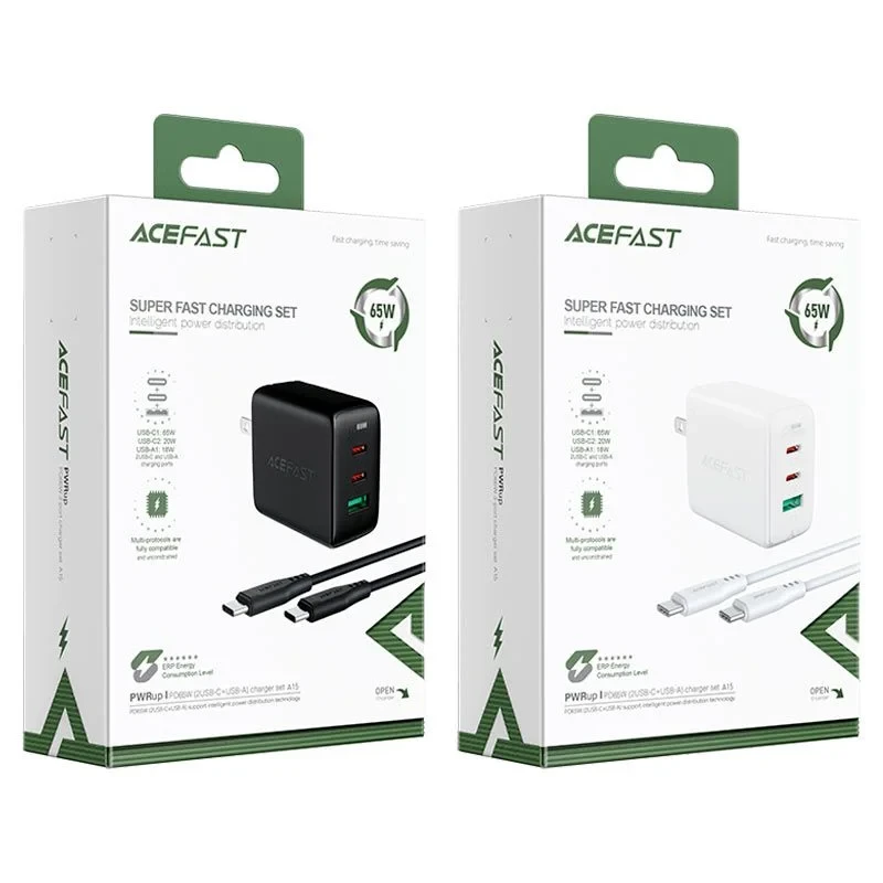Acefast A15 PD65W (USB-C + USB-C + USB-A) 3-port wall charger set - Image 6