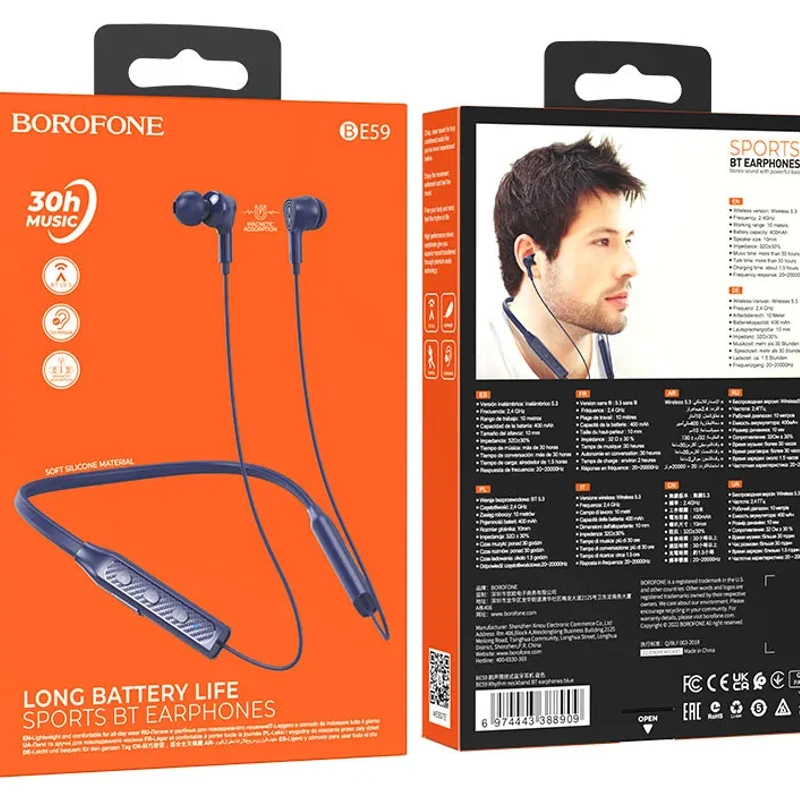 BOROFONE BE59 wireless earphones BT v5.3, 200mAh battery for 30 hours of music calls and 200 hours of standby.