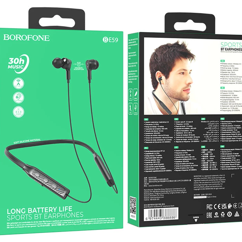 BOROFONE BE59 wireless earphones BT v5.3, 200mAh battery for 30 hours of music calls and 200 hours of standby.
