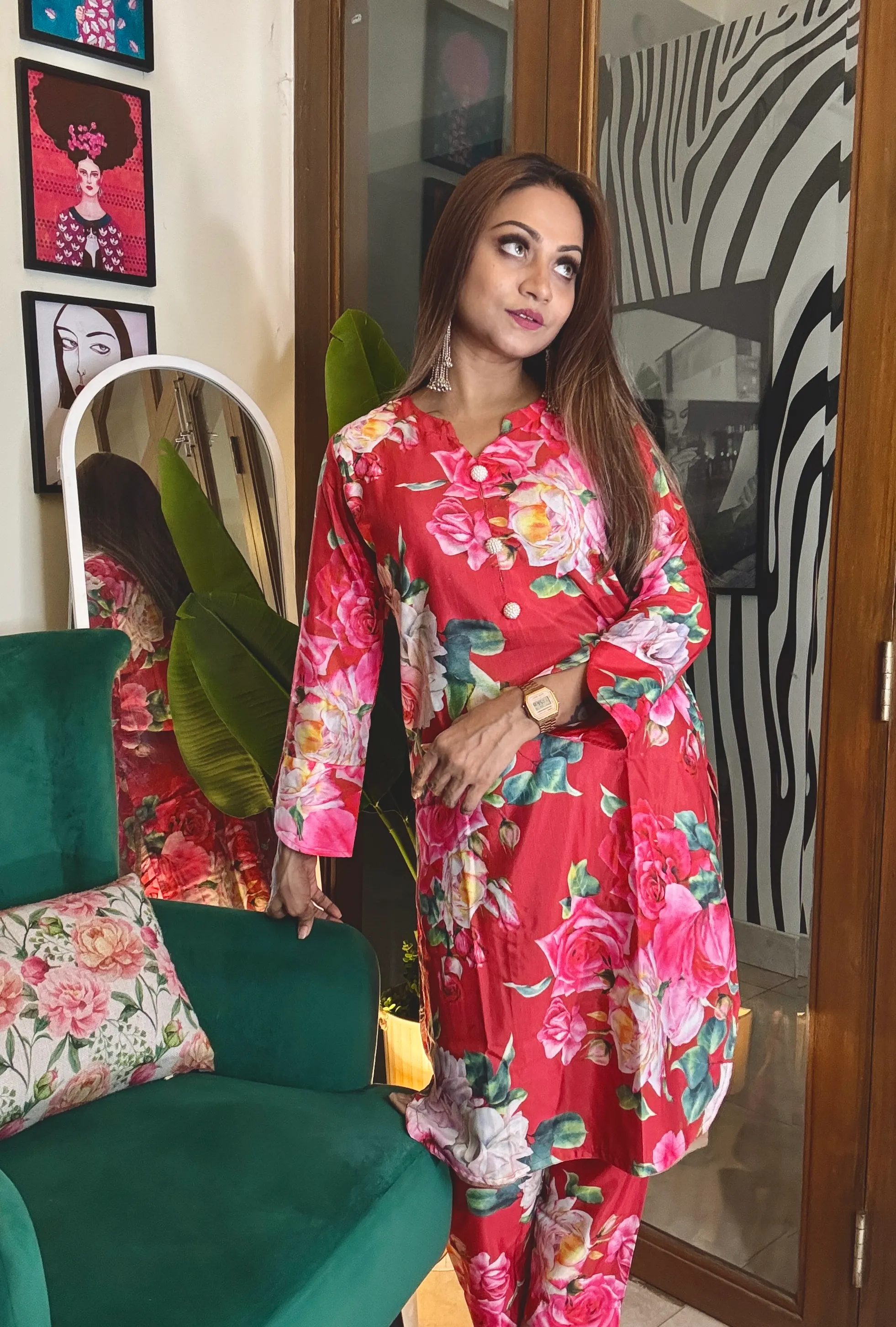 Red Floral Cords Set