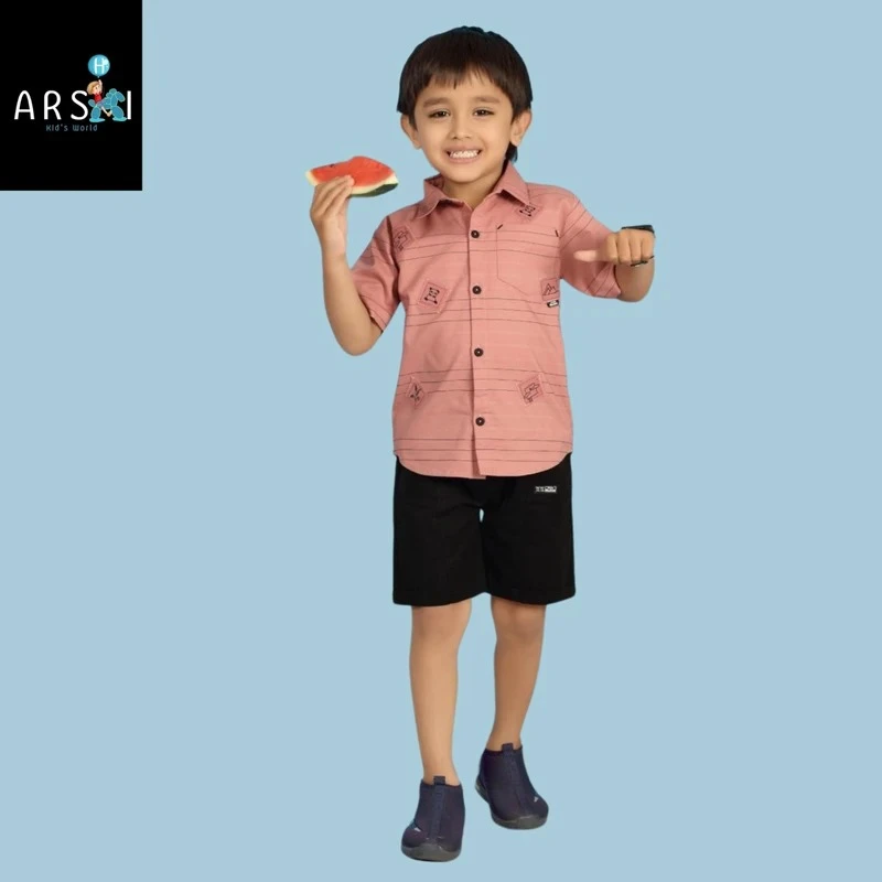 Boys Summer Smart Set | Printed Pink Shirt & Black Shorts Combo