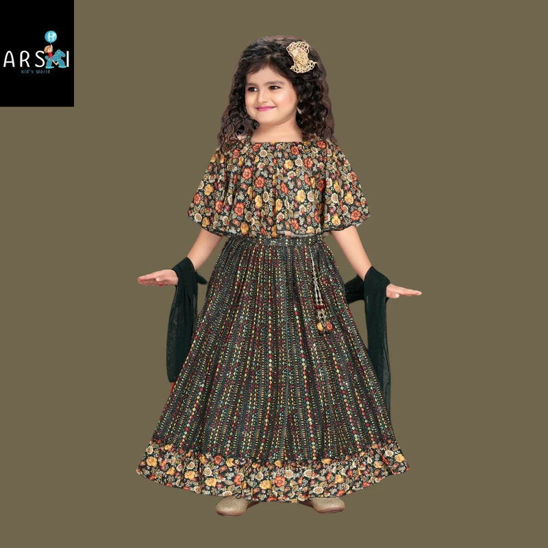 Floral Printed Cape Style Gown for Girls | Ethnic Party Dress with Dupatta – Festive Wear