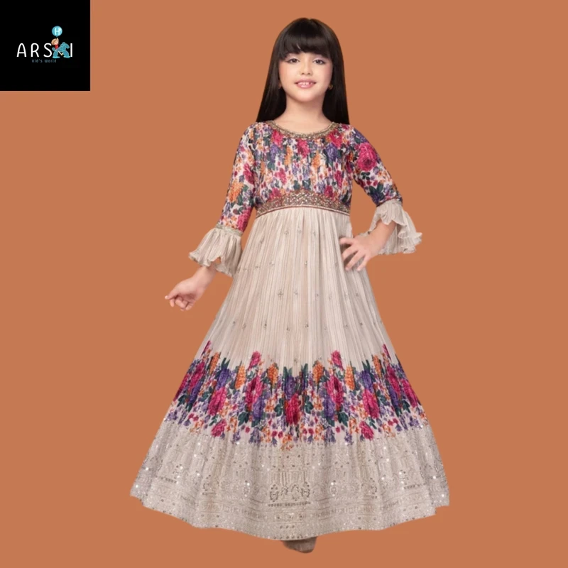 Charming Floral Printed Beige Party Gown for Girls | Elegant Kids Festive Collection