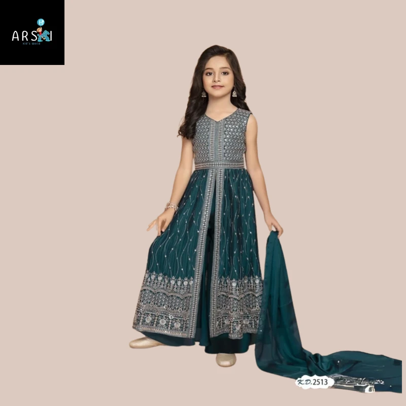 Elegant Teal Embroidered Party Dress for Girls | Festive Kids' Wear Collection