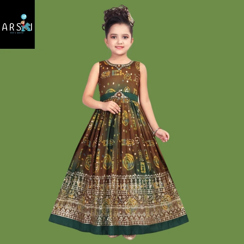 Girls Brown and Green Sleeveless Ethnic Gown | Printed Long Anarkali Dress for Kids Festive Wear