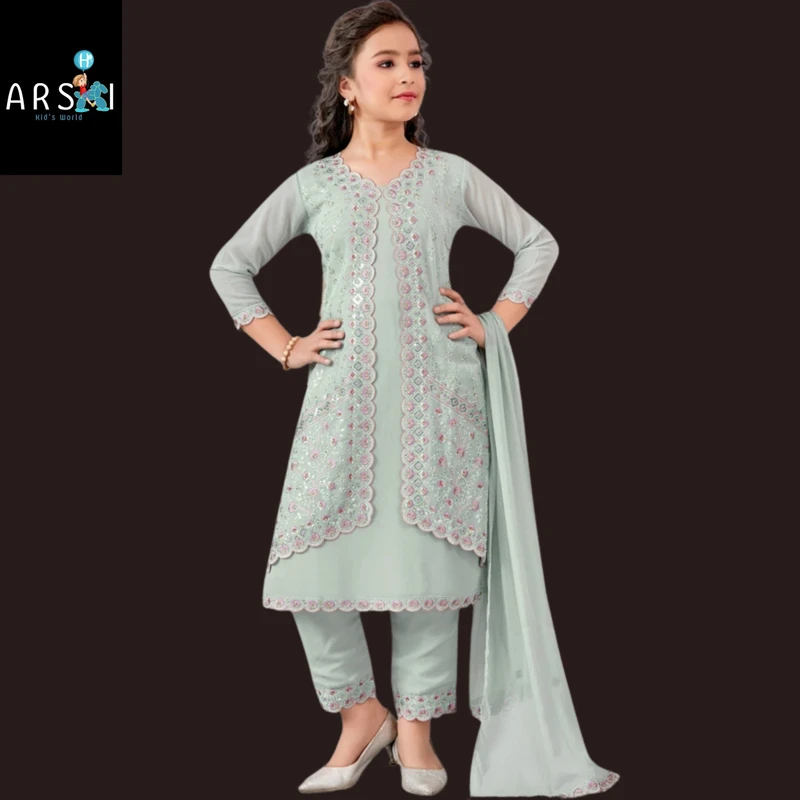 Mint Green Embroidered Salwar Suit for Girls | Elegant Festive & Party Wear Set