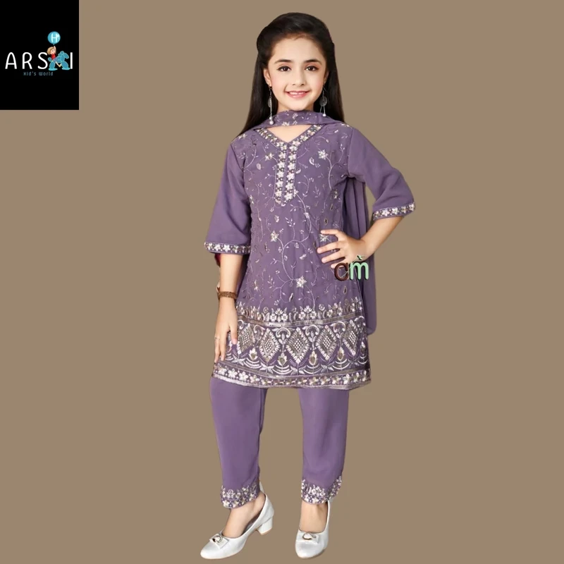 Girls Purple Embroidered Kurti with Pant & Dupatta | Festive Ethnic Suit Set for Kids