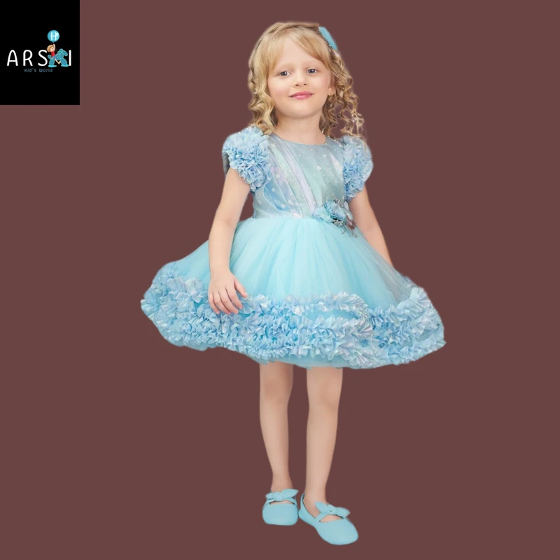 Girls Light Blue Ruffled Princess Party Dress | Cute Tulle Frock with Floral Sleeves