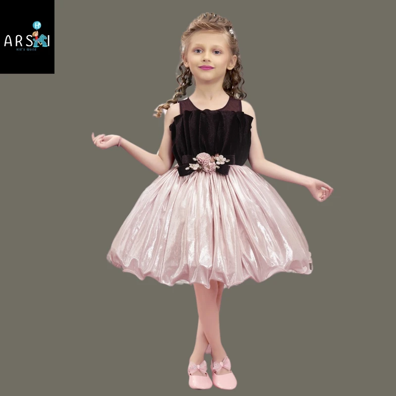 Stylish Black & Pink Puff Party Frock for Girls | Sleeveless Birthday Dress with Floral Belt