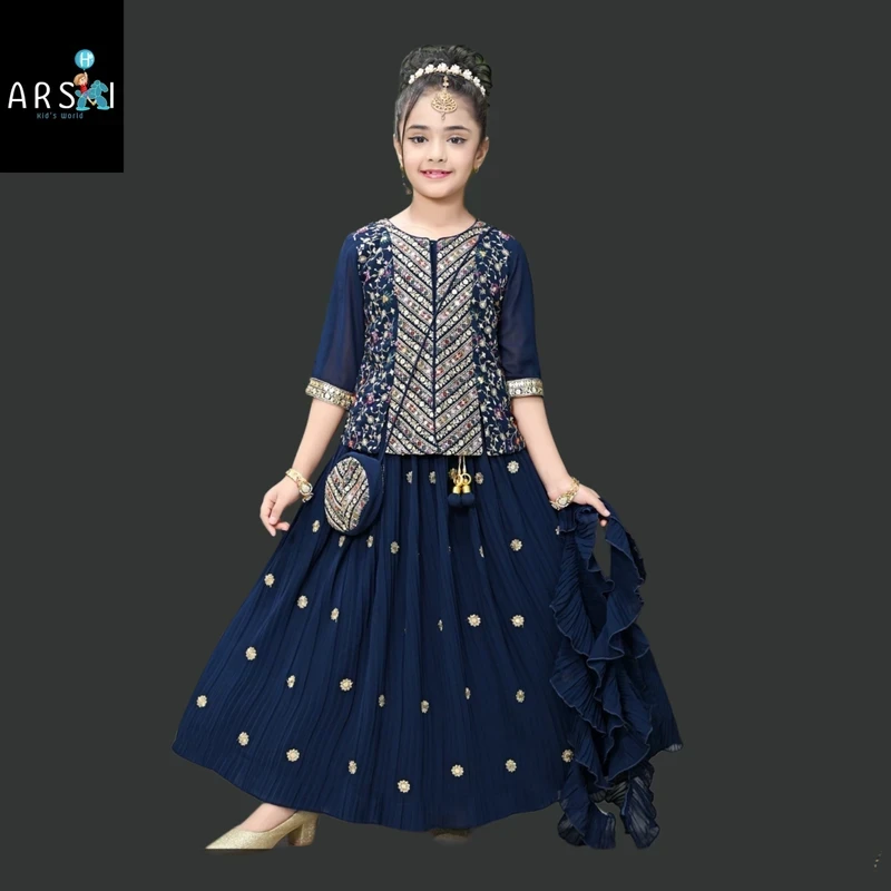 Girls Navy Blue Gown with Embroidered Jacket & Dupatta | Festive Party Wear Dress with Potli Bag