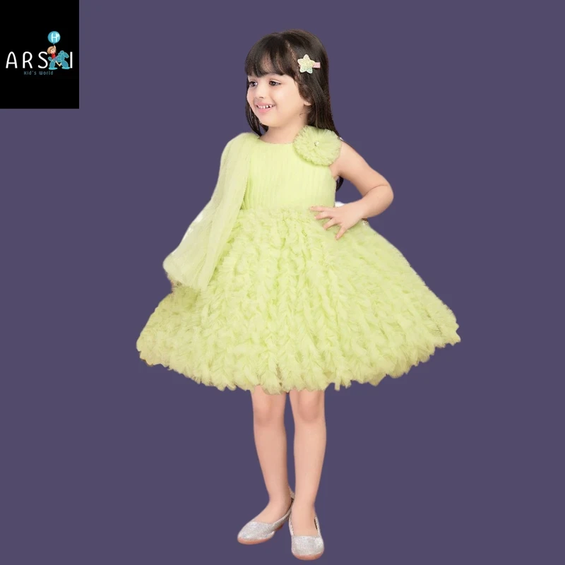 Girls Light Green Ruffle Party Dress | Sleeveless Knee-Length Birthday Frock for Kids