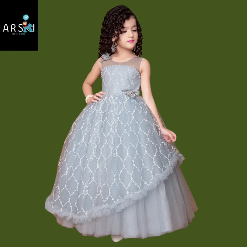 Girls Silver Grey Net Gown | Sleeveless Floor-Length Party Dress with Floral Appliqué for Kids