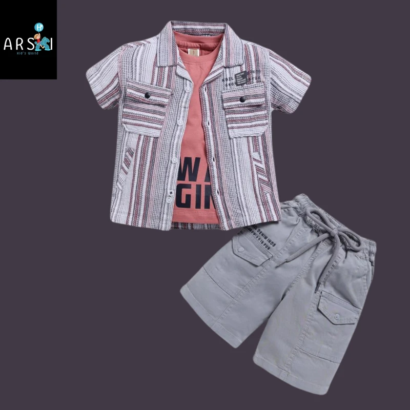Boys 3-Piece Casual Summer Outfit | Graphic Tee, Striped Button-Up Shirt & Cargo Shorts Set