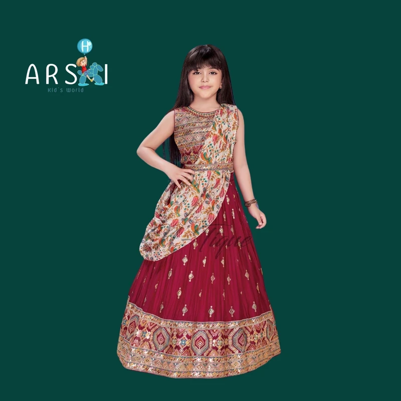Maroon Asymmetrical Lehenga Choli for Girls | Ethnic Wear with Printed Dupatta Design