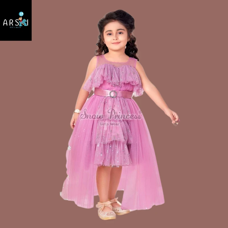 Girls Pink High-Low Net Party Dress | Sleeveless Birthday Frock with Belt & Sequins