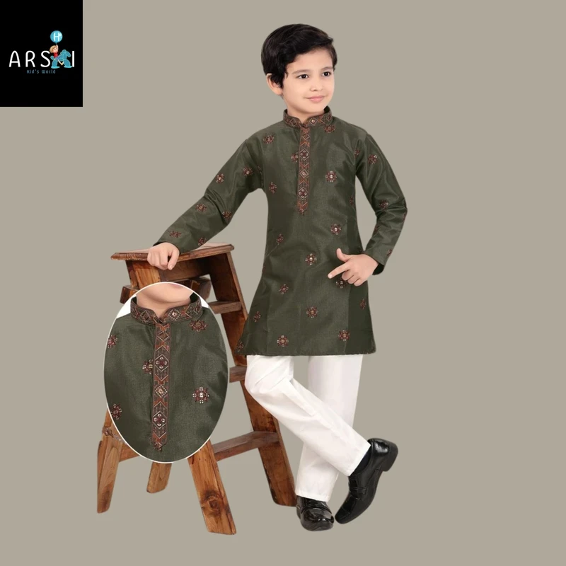 Boys Olive Green Embroidered Kurta Pajama Set | Traditional Indian Ethnic Wear for Kids