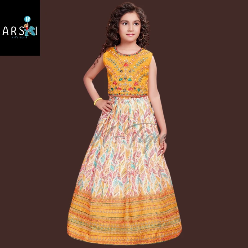 Girls Yellow Embroidered Gown Dress | Traditional Floor-Length Festive Wear for Kids