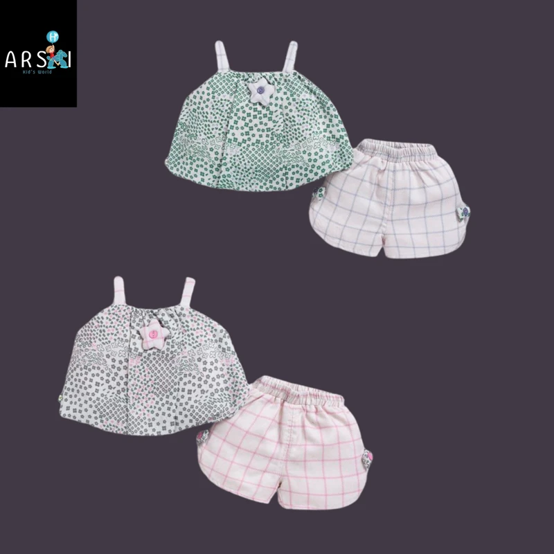 Baby Girls Printed Spaghetti Top and Checkered Shorts Set | Summer Cotton Co-Ord