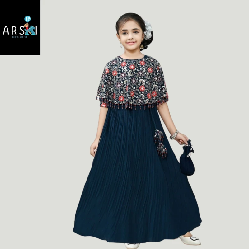Navy Blue Gown with Embroidered Cape for Girls | Designer Party Dress with Matching Pouch
