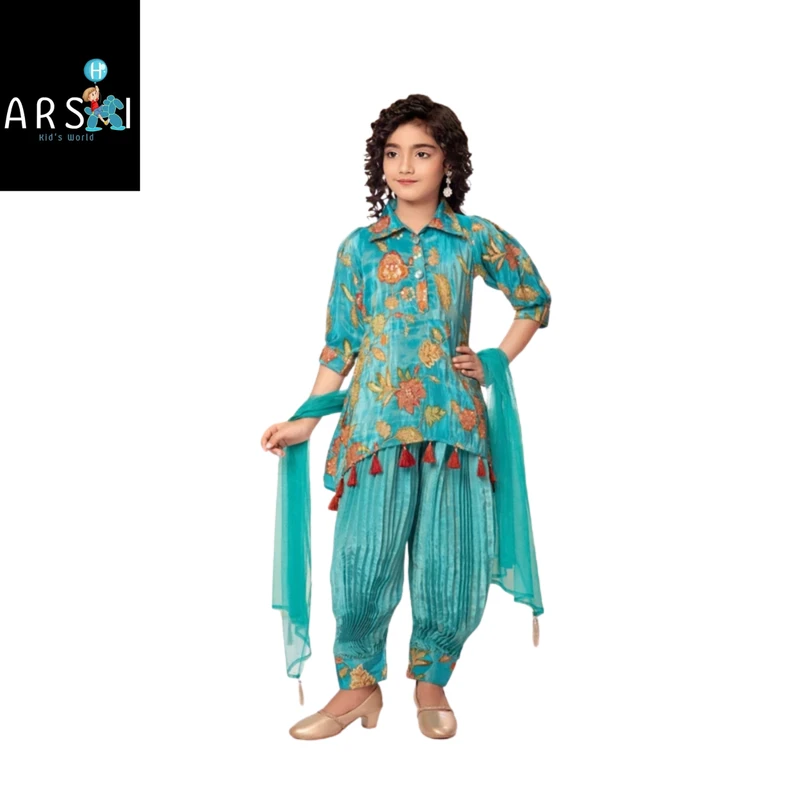 Stylish Blue Printed Kurti with Dhoti Salwar for Girls | Traditional Outfit