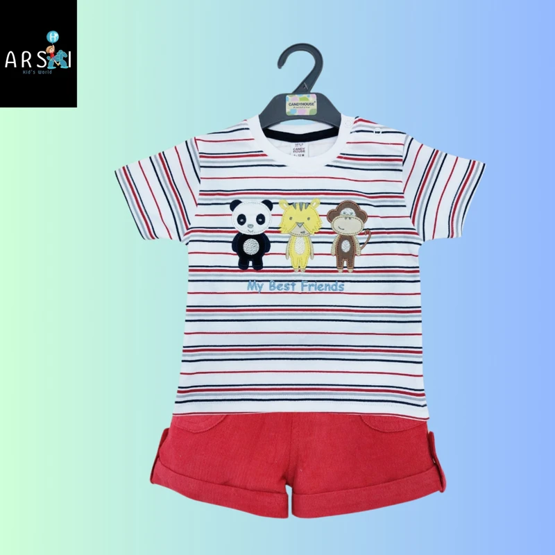 Boys Animal Friends T-Shirt & Red Shorts Set | Cute Summer Outfit with Panda, Giraffe & Monkey Print
