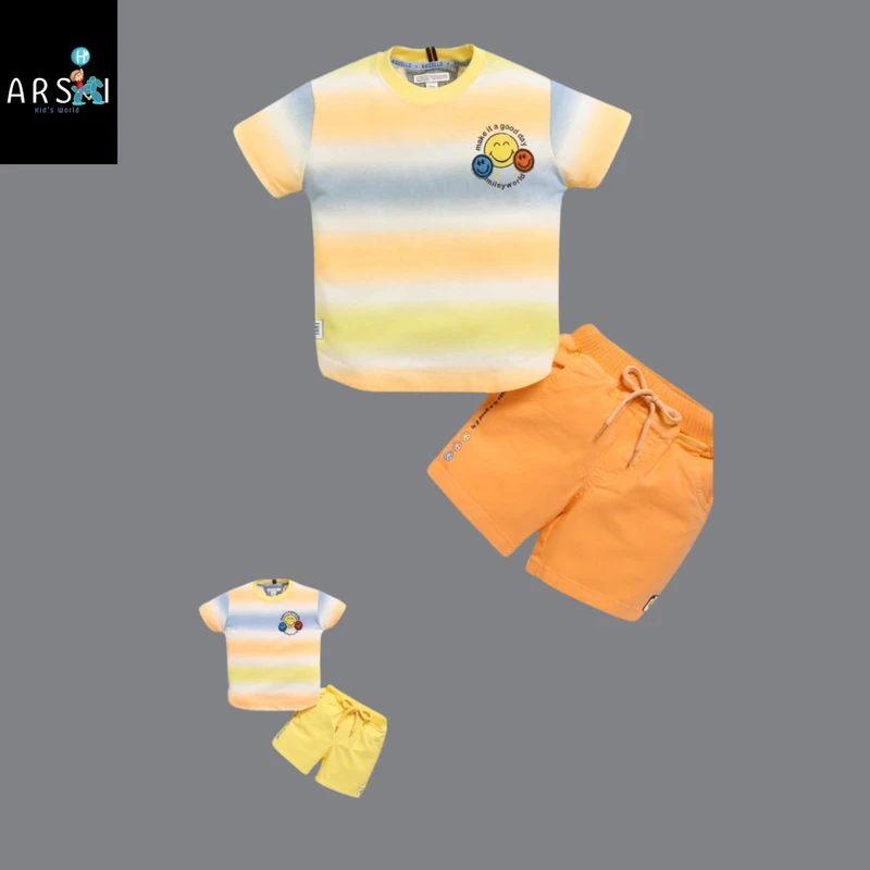 Boys Gradient Smiley T-Shirt and Orange Shorts Set | Summer Casual Outfit for Kids