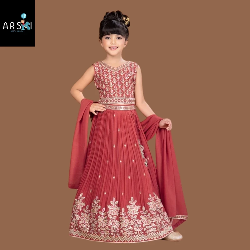 Girls Embroidered Maroon Anarkali Gown | Traditional Party Wear Dress with Dupatta