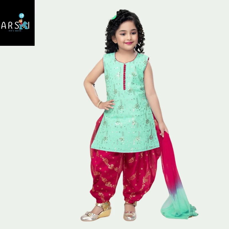 Girls Mint Green and Pink Patiala Suit | Traditional Punjabi Salwar Kameez with Dupatta for Kids