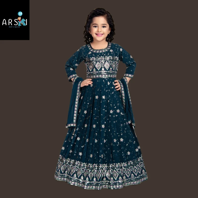 Girls Teal Blue Embroidered Anarkali Gown | Traditional Long Party Wear Dress for Kids