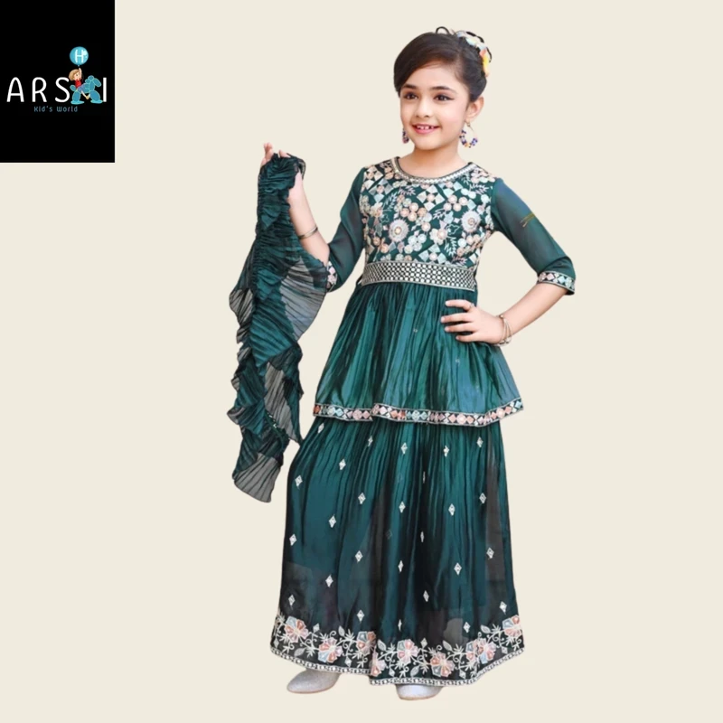 Dark Green Layered Sharara Dress for Girls | Embroidered Party Wear - Festive Traditional Outfit