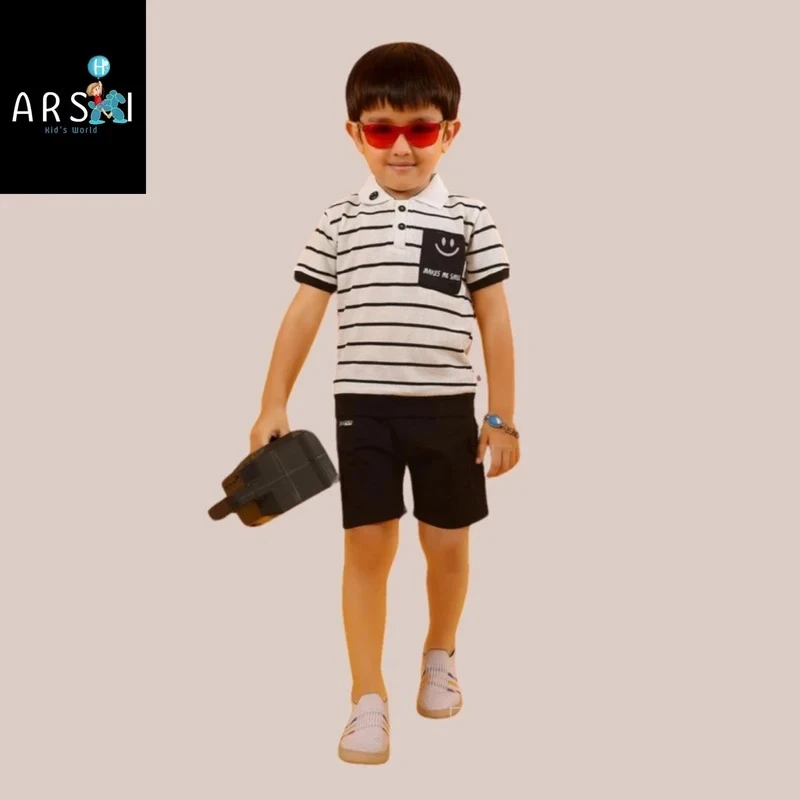 Boys Trendy Striped Polo & Black Shorts Set | Smart Casual Summer Outfit